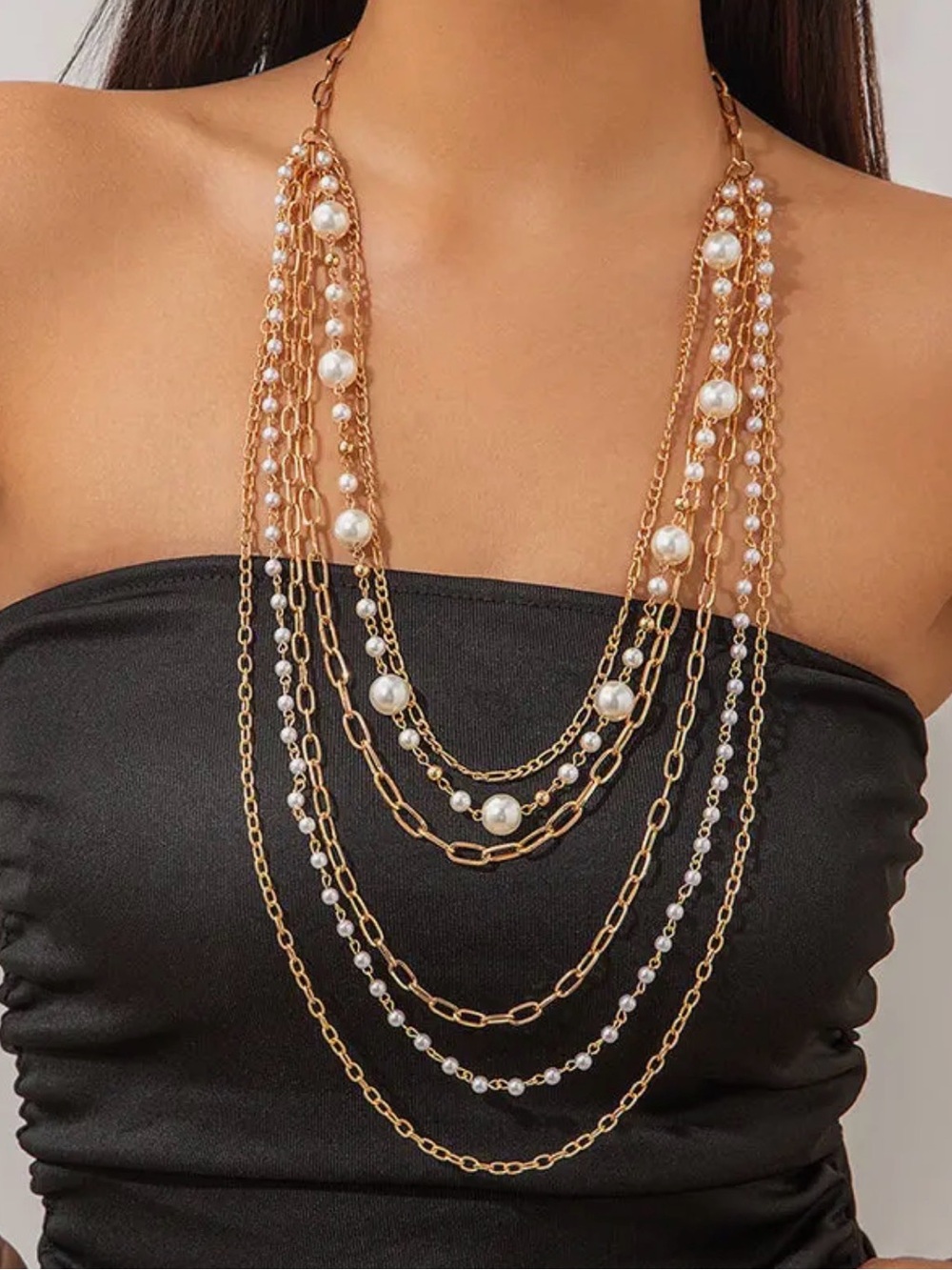 Gold Multi-Strand Pearl Layered Necklace
